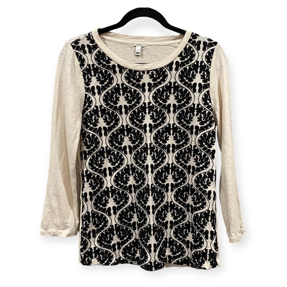 J. Crew 3/4 Sleeve T-Shirt Embroidery Detail Cream Black Small